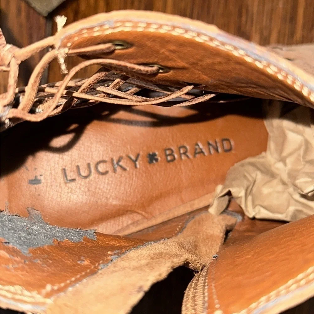 Lucky Brand, Harlee light brown leather open toe healed booties size 6M